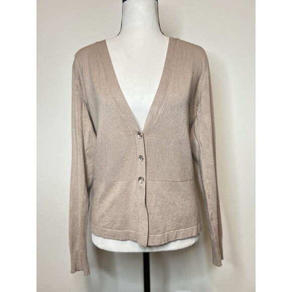 NY&C Tan‎ V-Neck Cardigan Sweater Button Front Ribbed Knit Hem & Cuffs - Picture 2 of 8